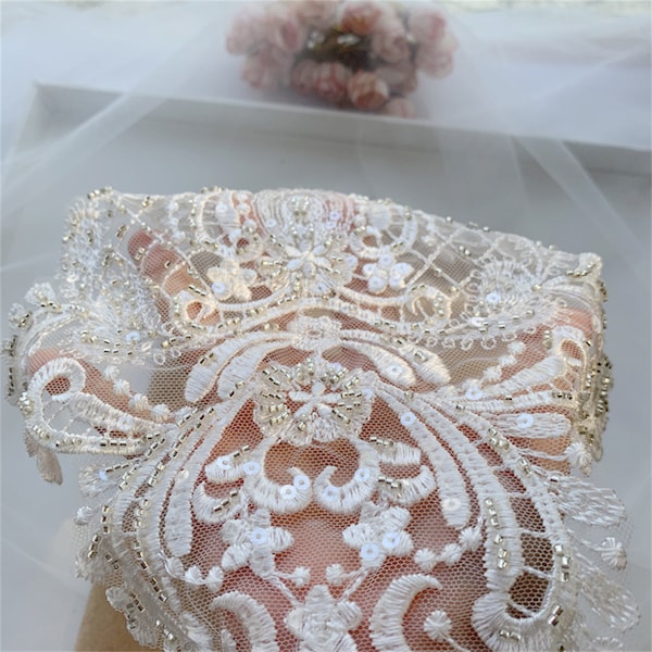 Floral Embroidery Lace Applique Patch with Beads for Bridal Couture Wedding Ball Dress Veil Embellishment Craft 1 Piece