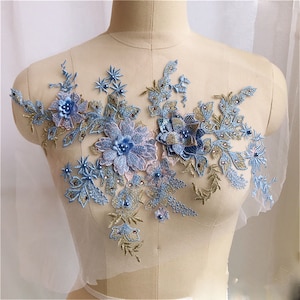6 Colors Lace Applique 3D Flower Embroidery Lace Patch with Beads for Bridal Couture Dress Veil Embellishment Craft 1 Piece Blue