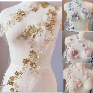 5 Colors Lace 3D Applique Flower Embroidery Lace Patch with Pearl for Bridal Couture Ball Dress Embellishment Craft