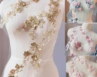 Toppa in pizzo ricamato a fiori con applicazioni in pizzo 3D in 5 colori con perla per l'abbellimento di abiti da ballo couture da sposa