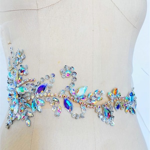 May include: A crystal rhinestone applique with a floral design. The applique features iridescent clear and blue rhinestones.