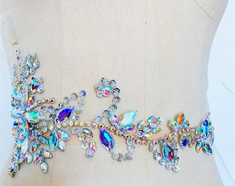 Sparkling Rhinestone Applique Belt Lace Patch for Bridal Belt Sash Couture Bling Dress Embellishment
