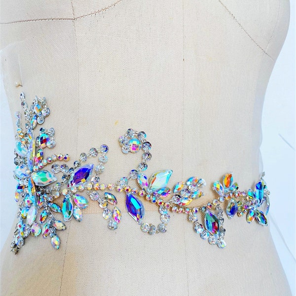 Sparkling Rhinestone Applique Belt Lace Patch for Bridal Belt Sash Couture Bling Dress Embellishment