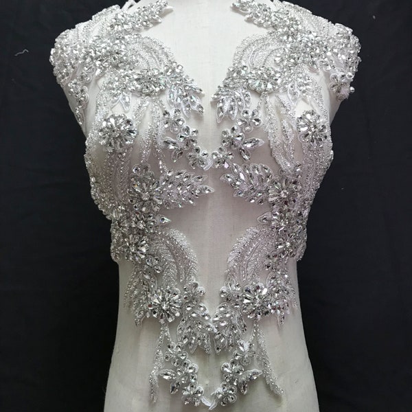 Bodice Rhinestone Applique Heavy Beads Diamante Lace Patch for Bridal Couture Bling Dress Embellishment