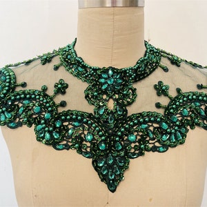 Rhinestone Appliques Collar Lace Applique with Beads Sequin Pearl for Bridal Couture Dress Dance Embellishment