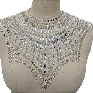 Silver Rhinestone Appliques Collar Lace Applique with Beads Sequin Pearl for Bridal Couture Dress Dance Embellishment