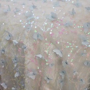 3D Butterfly Lace Fabric Embroidery Tulle Trims With Sequin for Bridal Wedding Dress Gown Veil Embellishment Craft