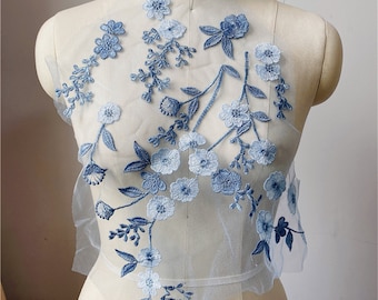 Blauwe Kant Applique Bloem Borduurwerk Lace Patch voor Bruids Couture Bal Jurk Verfraaiing Craft 1 Stuk