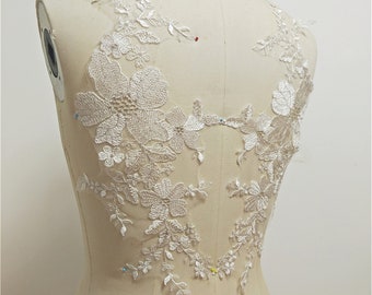Flower Embroidery Lace Applique Patch with Silver Thread for Bridal Wedding Dress Veil Embellishment DIY Craft 1 Mirror Pair