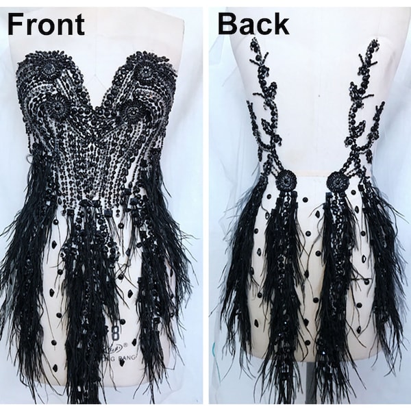 Luxury Bodice Lace Applique Beaded Rhinestone Appliques with Ostrich Feather for Bridal Couture Dance Dress Embellishment