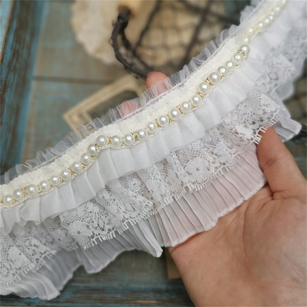 Off White Chiffon Pleated Ruffled Three Layer Lace Trim for Stage Dresss Decoration Girl Dress Dress  Doll Making Sold by 1 Meter