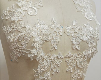 Toppa ricamata con fiori applicati in pizzo con filo per abito da sposa, abbellimento di velo, artigianato fai da te, bianco sporco, 1 paio di specchi