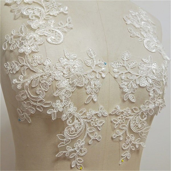Patch de broderie de fleurs en dentelle filaire, pour robe de mariée, embellissement de voile, bricolage artisanal, blanc cassé, 1 paire de miroirs