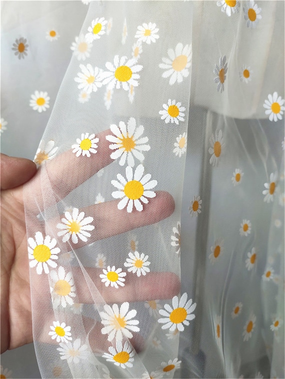 Tulle Lace Fabric Daisy Flower Print Fabric for Girl Dress Party