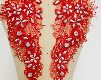3D Flower Lace Applique Corded Strastone Appliques avec perles pour Robe Couture Nuptiale Embellissement 1 Paire