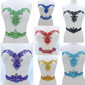 V-Neck Rhinestone Applique Bodice Beaded Lace Patch for Bridal Belt Couture Bling Dress Embellishment