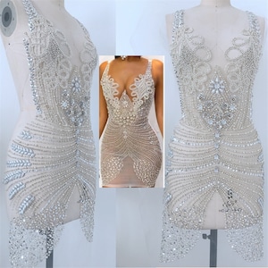 Luxury Bodice Rhinestone Appliques Diamante Lace Applique with Beads Sequin for Bridal Couture Dress Dance Embellishment