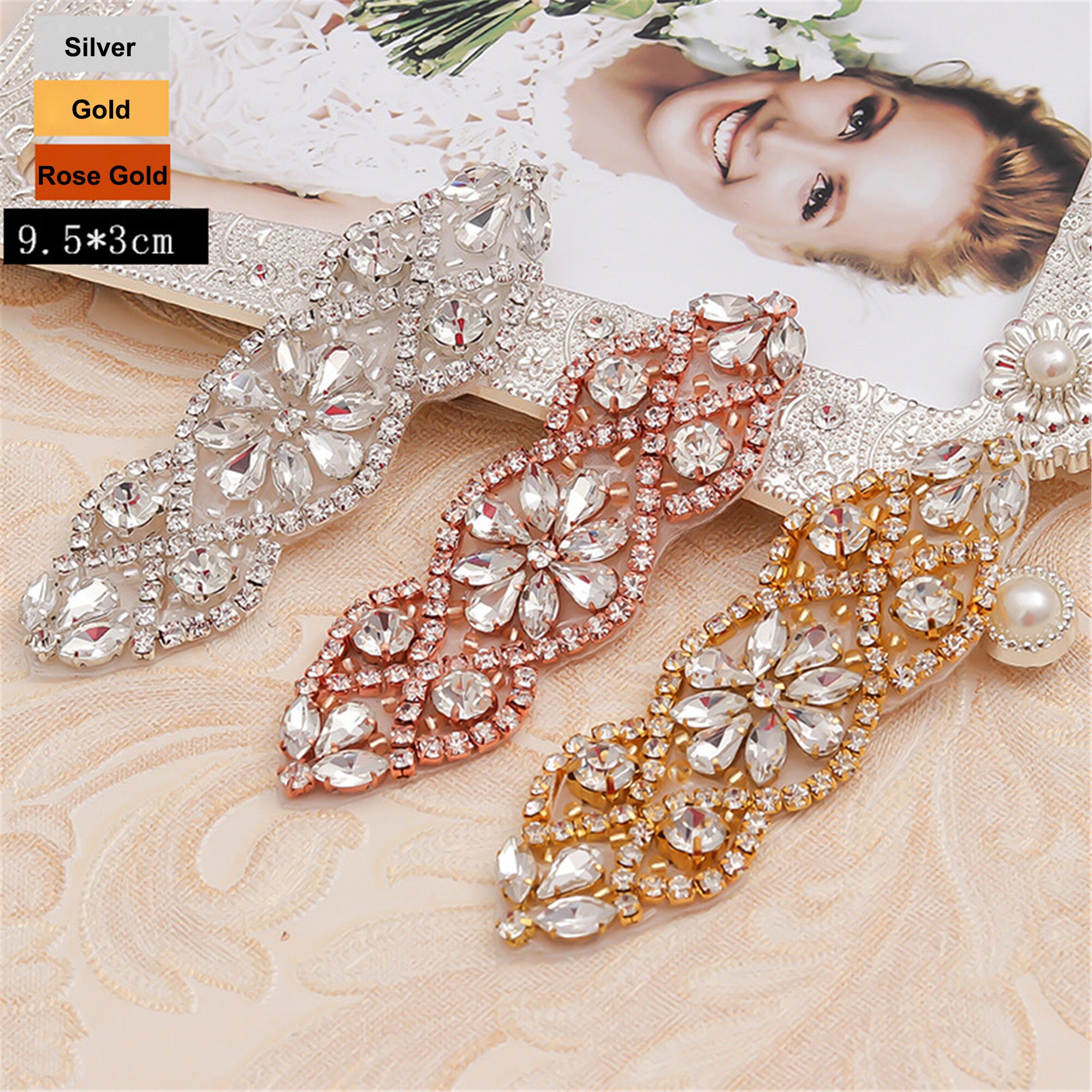 9pcs Silver Rhinestone & Pearl Iron-On Appliques - For Wedding Dresses, Crafts & Clothing Decoration