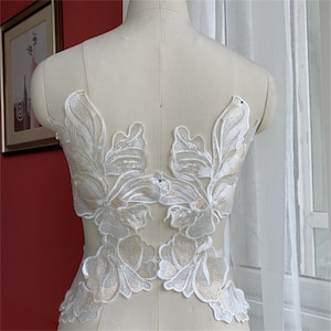 Sequin Lace Applique Floral Embroidery Lace Patch Champagne & Off White for Bridal Wedding Dress Veil Embellishment DIY Craft