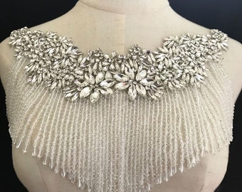 Sparkling Rhinestone Applique Beaded Fringe Tassel Diamante Bodice Lace Patch for Bridal Belt Sash Couture Bling Dress Embellishment