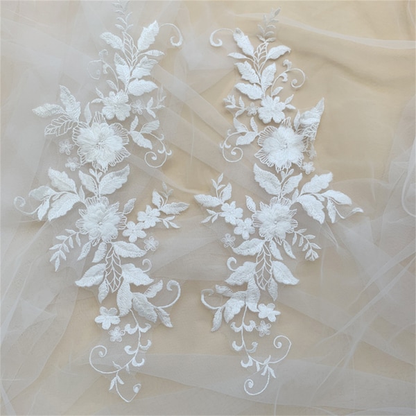 Cotton Lace Applique Floral Embroidery Patch for Bridal Wedding Dress Prom Dress Veil Embellishment DIY Craft 1 Pair