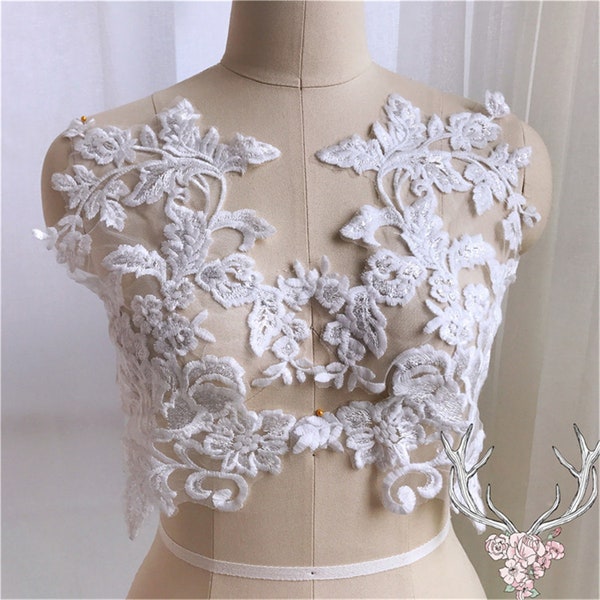 Sequin Lace Applique Cotton Embroidery Lace Patch for Bridal Couture Dress Gown Embellishment Craft