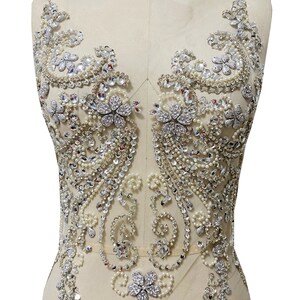 Sparkling Bodice Rhinestone Appliques Lace Applique with Beads Sequin Pearl for Bridal Couture Dress Dance Embellishment