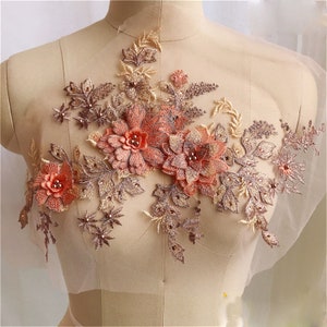 6 Colors Lace Applique 3D Flower Embroidery Lace Patch with Beads for Bridal Couture Dress Veil Embellishment Craft 1 Piece Orange