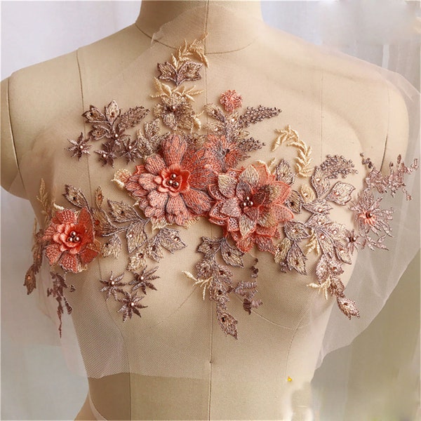 6 Colors Lace Applique 3D Flower Embroidery Lace Patch with Beads for Bridal Couture Dress Veil Embellishment Craft 1 Piece