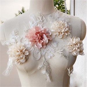 3D Flower Lace Applique Embroidery Lace Patch with Beads for Bridal Couture Dress Embellishment Craft 1 Piece