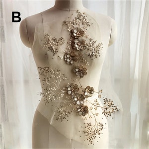 Champagne Lace Applique 3D Flower Embroidery Patch with Rhinestone Pearl for Bridal Couture Dress Veil Embellishment Craft