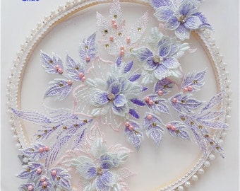 8 Colors Lace Applique 3D Flower Embroidery Lace Patch with Pearl for Bridal Girl Party Dress Veil Costume DIY Craft 1 Piece
