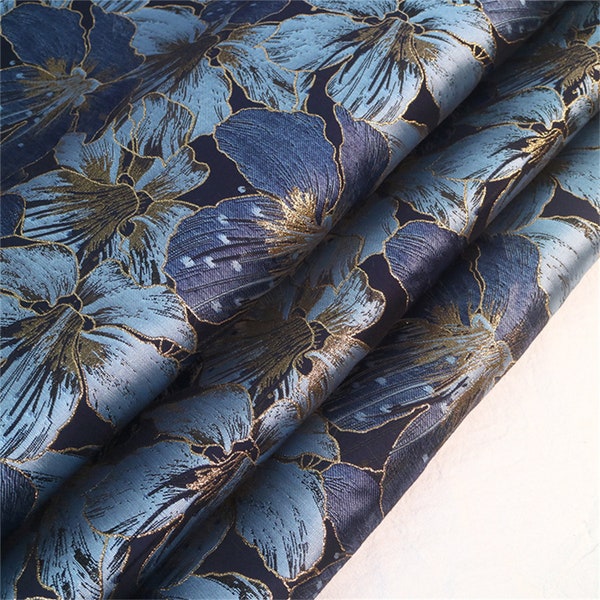 Blue Flower Jacquard Fabric with Gold Wire Vintage Oil Painting Fabric Polyeter Material for Haute Couture Costume Suit Curtain Bag Design