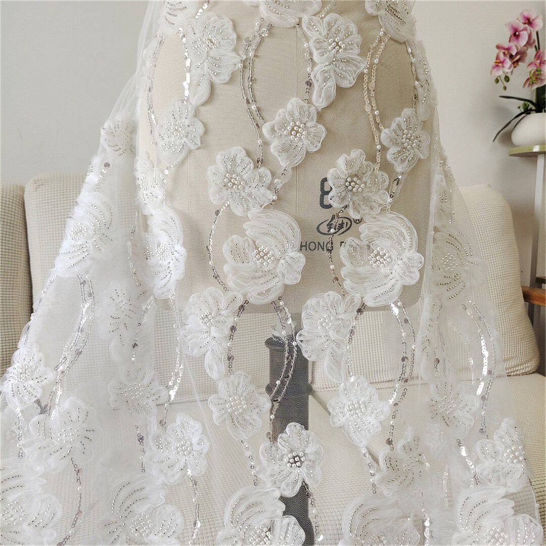 3D Flower Lace Fabric With Sequin Pearl Beads Floral Embroidery ...