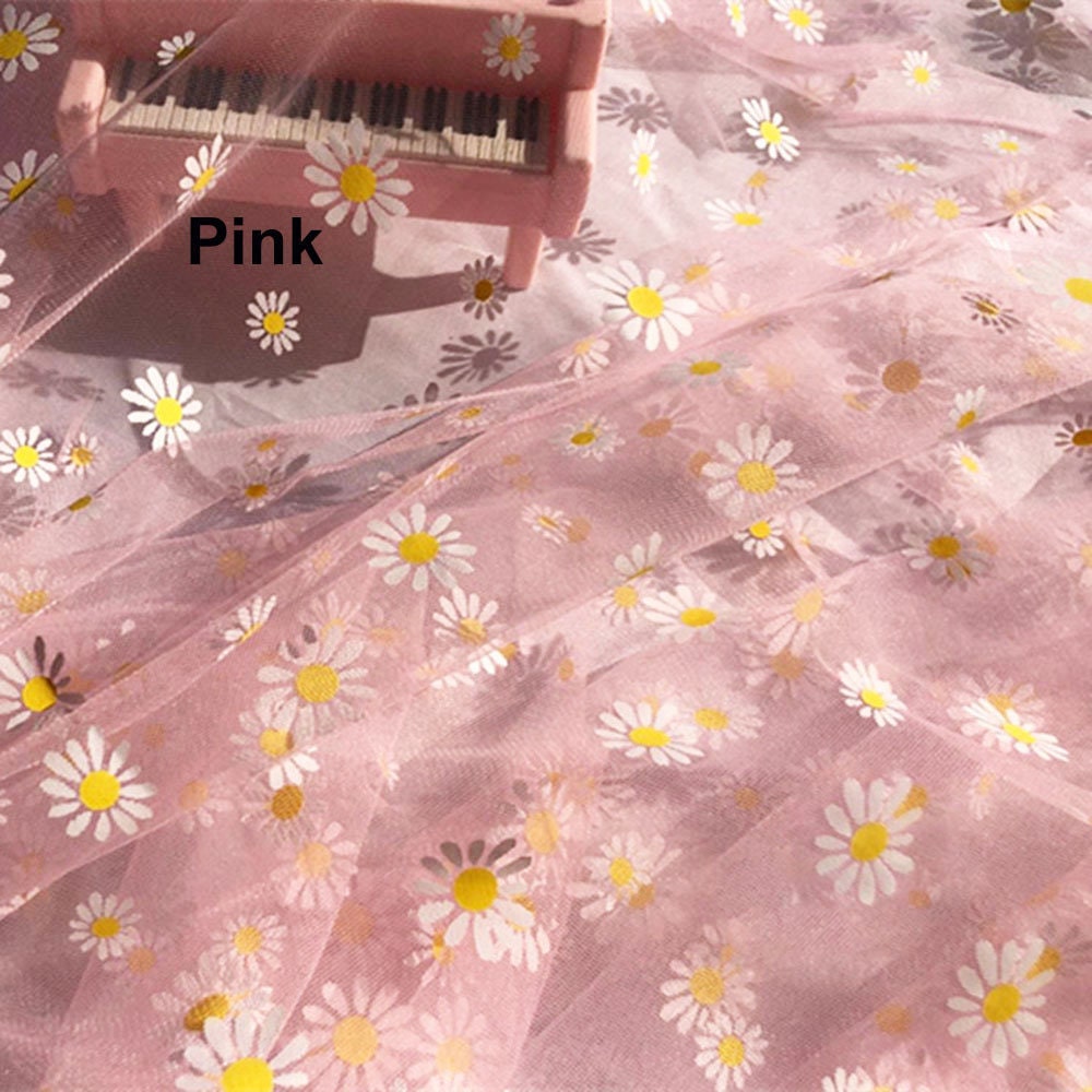 Tissu Mousseline à Fleurs Marguerite - Voile Tulle Pour Robe - Vente Au Mètre (1m) - Neuf
