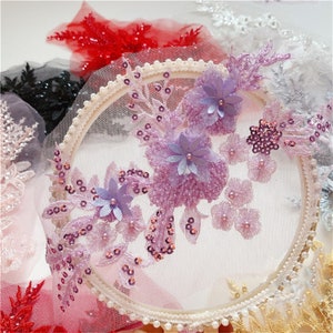 3D Flower Embroidery Lace Applique Patch with Sequin Beads Pearl for Bridal Wedding Girl Dress Veil Embellishment  DIY Craft