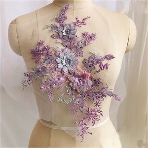 6 Colors Lace Applique 3D Flower Embroidery Lace Patch with Beads for Bridal Couture Dress Veil Embellishment Craft 1 Piece Lilac