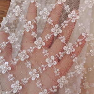 Grid Lace Fabric with Sequin Pearl Embroidery Applique Trims for Bridal Wedding Dress Gown Veil Embellishment Craft