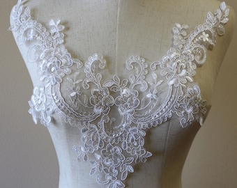 Corded V-Neck Lace Applique for Bridal Wedding Tube Top Dress Veil Embellishment Craft Off White