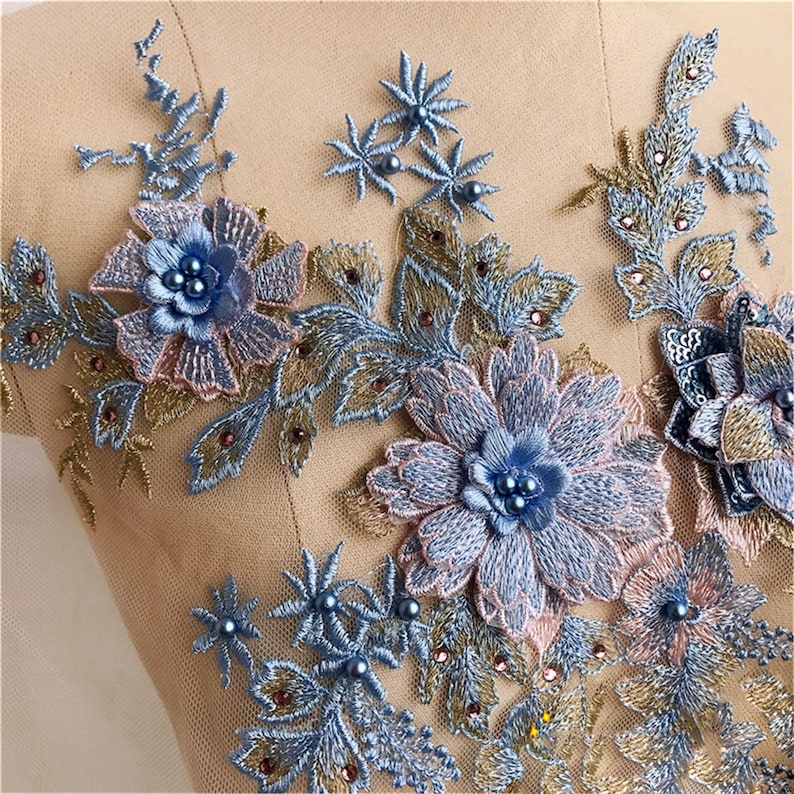 6 Colors Lace Applique 3D Flower Embroidery Lace Patch with Beads for Bridal Couture Dress Veil Embellishment Craft 1 Piece zdjęcie 4