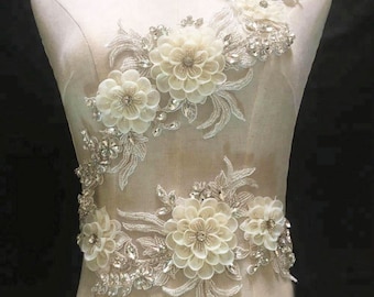 Bodice Rhinestone Applique Diamante 3D Flower Lace Patch for Bridal Couture Bling Dress Embellishment