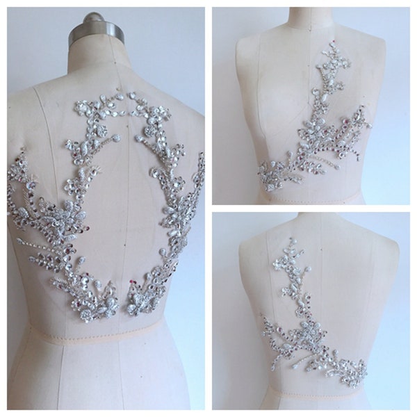 Handmade Back Lace Applique Rhinestone Appliques with Beads for Bridal Couture Dress Embellishment 1 Pair