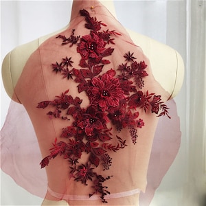 6 Colors Lace Applique 3D Flower Embroidery Lace Patch with Beads for Bridal Couture Dress Veil Embellishment Craft 1 Piece Burgundy