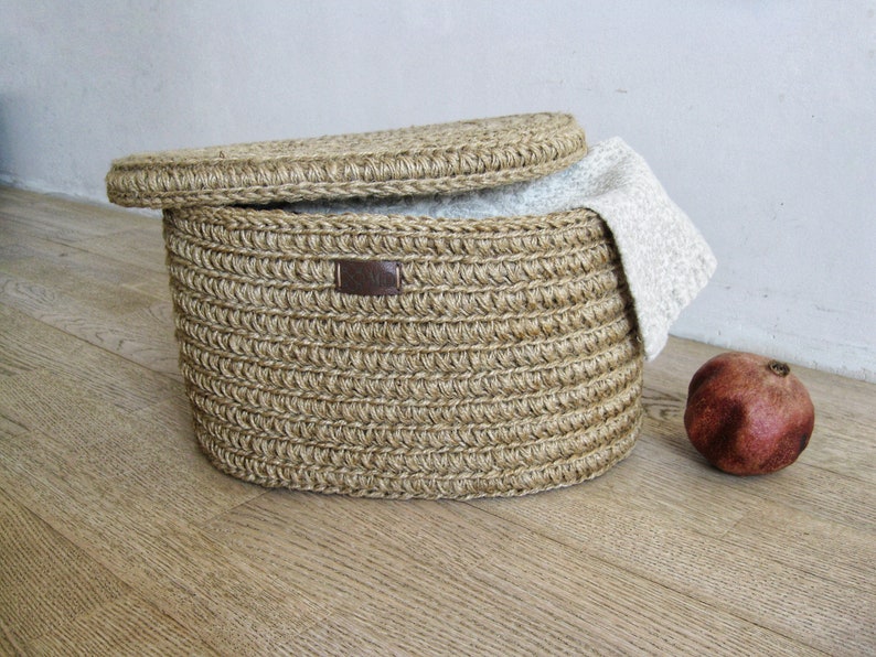 Crochet Jute Oval Laundry Basket With Lid Etsy