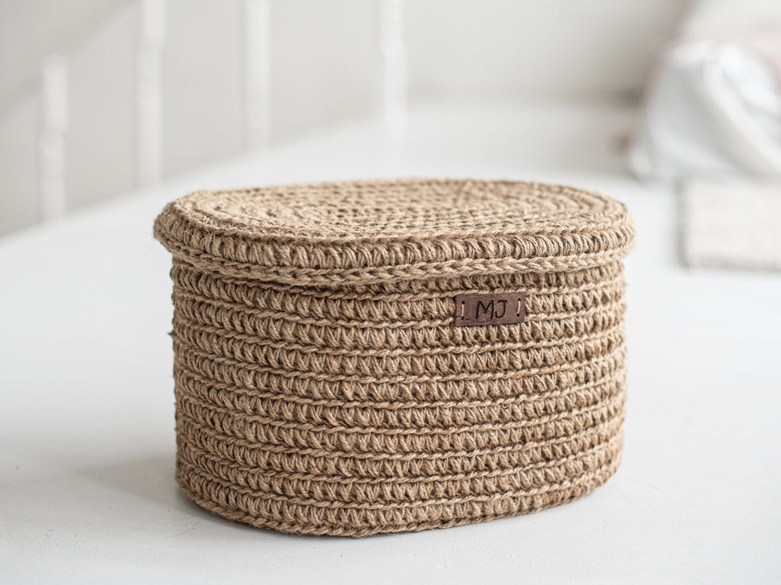 Crochet Jute Oval Laundry Basket With Lid Etsy