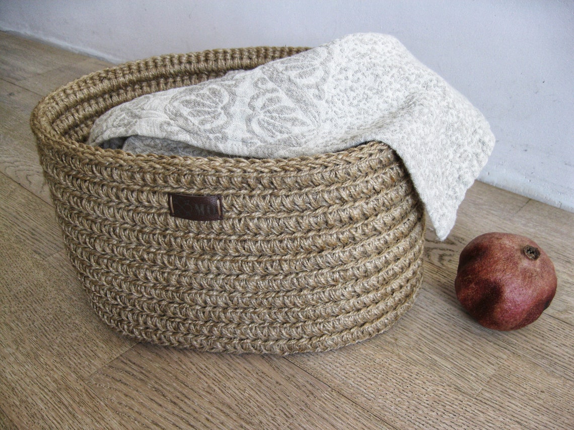 Crochet jute oval laundry basket with lid Etsy