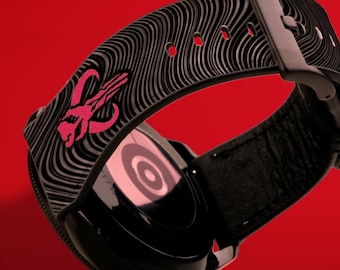 May include: Black smartwatch with a black and gray patterned band. The band has a pink Mandalorian symbol.