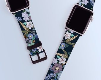 Jardin Bleu Band for Apple Watch - Floral Strap Women 40mm 41mm 38mm 42mm 44mm 45mm 49mm Blue Wild Flowers PU Leather Series 9 8 7 6 5 4 3 2