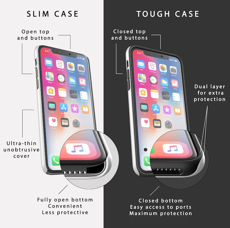 May include: Two phone cases, one slim and one tough, are shown side-by-side. The slim case has an open top and bottom, while the tough case has a closed top and bottom. The tough case has a dual layer for extra protection.