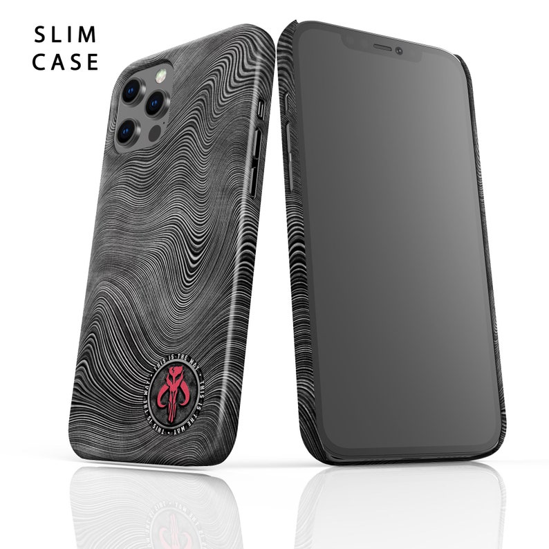 May include: A black and white phone case with a wavy pattern and a red Mandalorian symbol. The case is designed for a phone with a triple camera lens.
